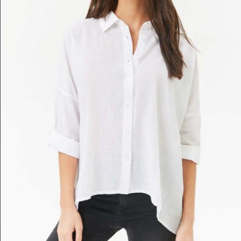 Forever21 Button Down Shirt Women size Small White Long Sleeve Light Collar Top - Picture 3 of 8